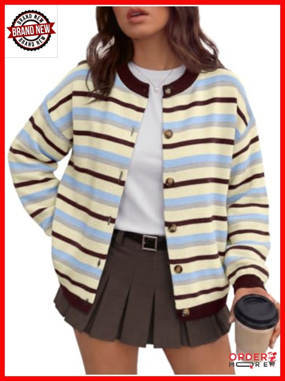Striped Cardigan Sweater Cotton Blend Button Front Crew Neck